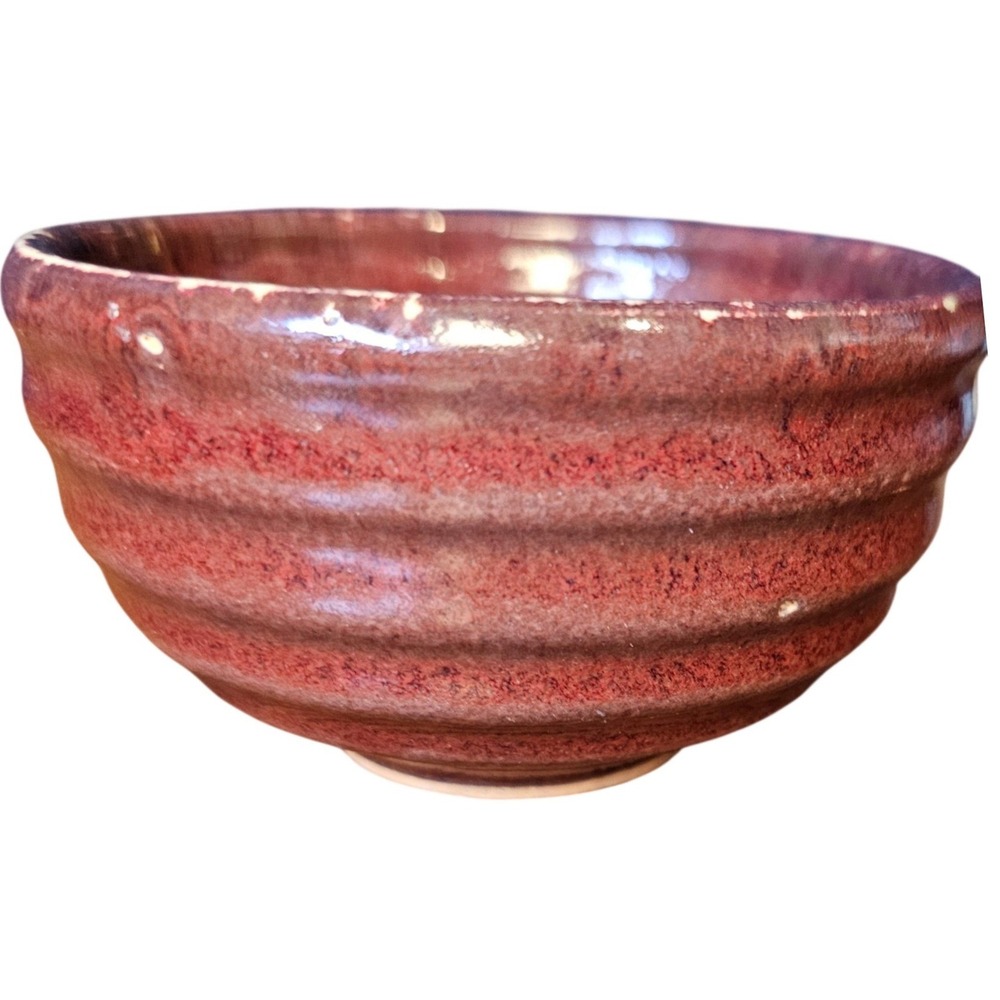 HausenWare Oxblood Red Ribbed Ceramic Bowl Speckled Reactive Glaze 4.5"